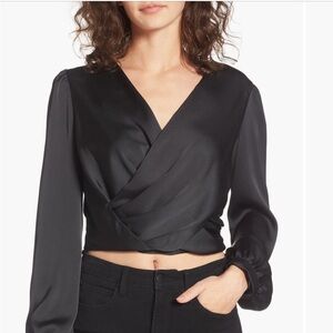 ASTR Long Sleeve Black Satin Wrap Top